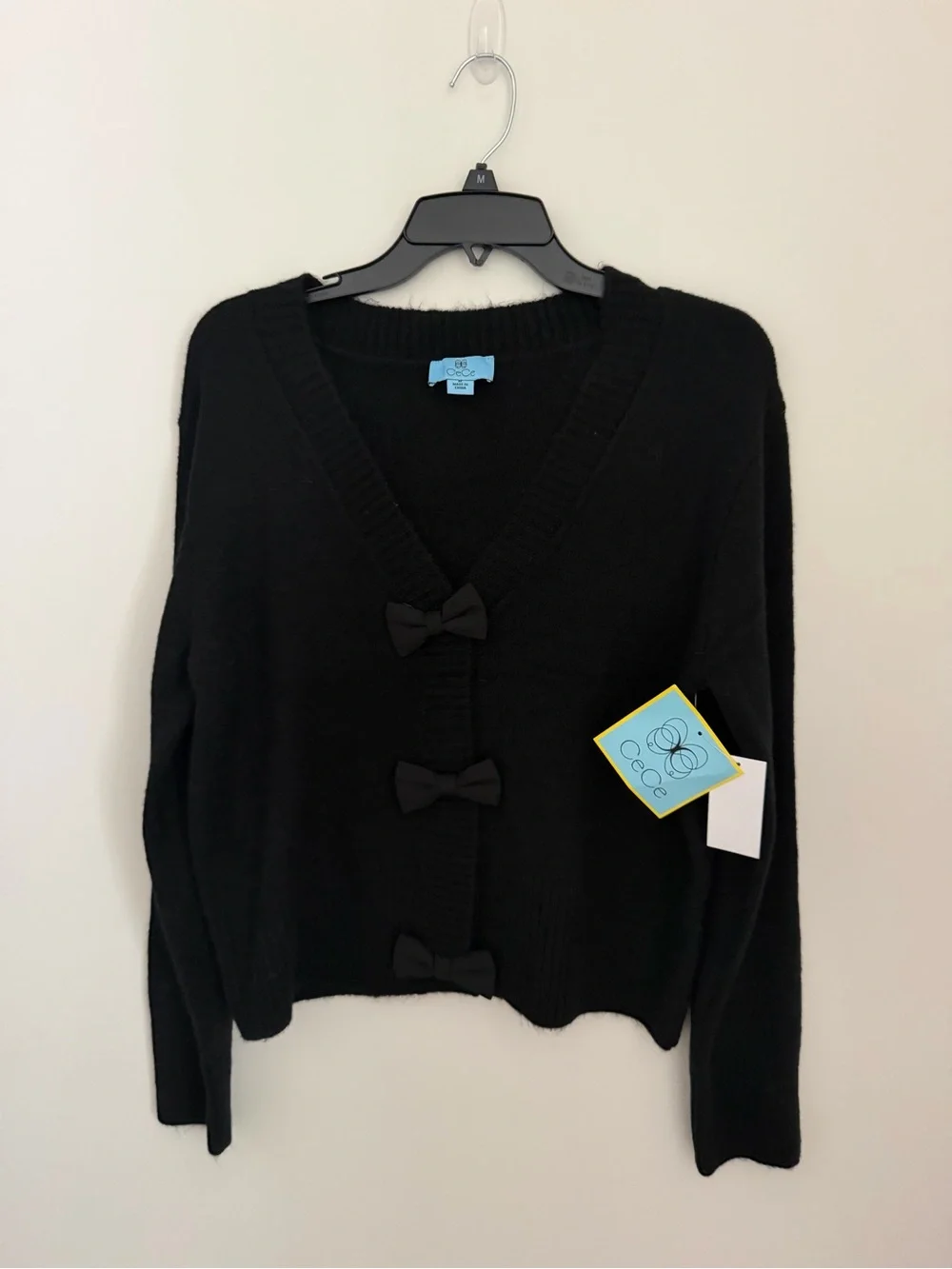 CECE - NEW WITH TAG Black V-Neck Bow-Front Sweater Cardigan- Women's Size Medium